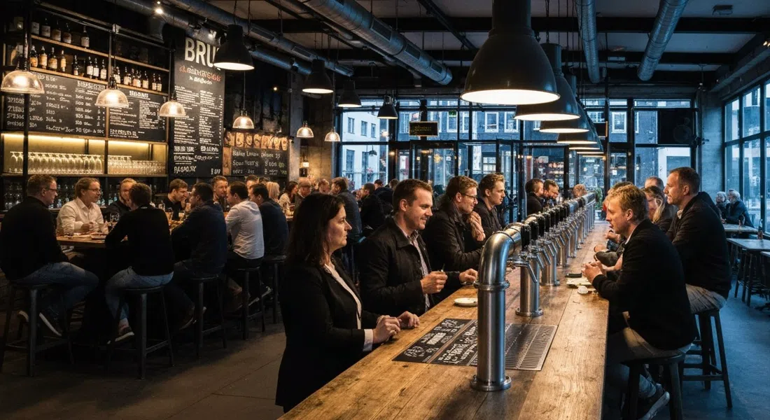 the busy taproom at BRUS in evening light, rows of beer taps and diners under industrial pendant lamps