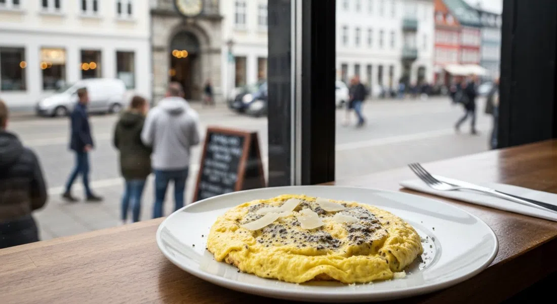 a plated cacio e pepe omelette at Amator on a small counter table, black pepper and grana padano visible, natural daylight from the window