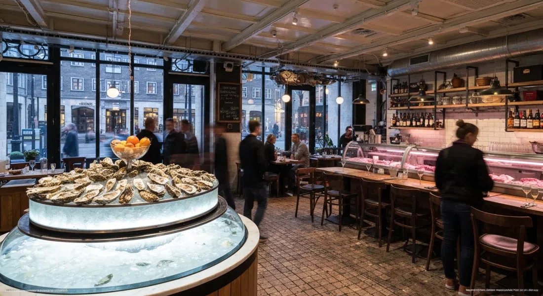 Kødbyens Fiskebar interiør med det cirkulære akvarium, østersservering og industrielle slagteri-detaljer under blødt aftenlys