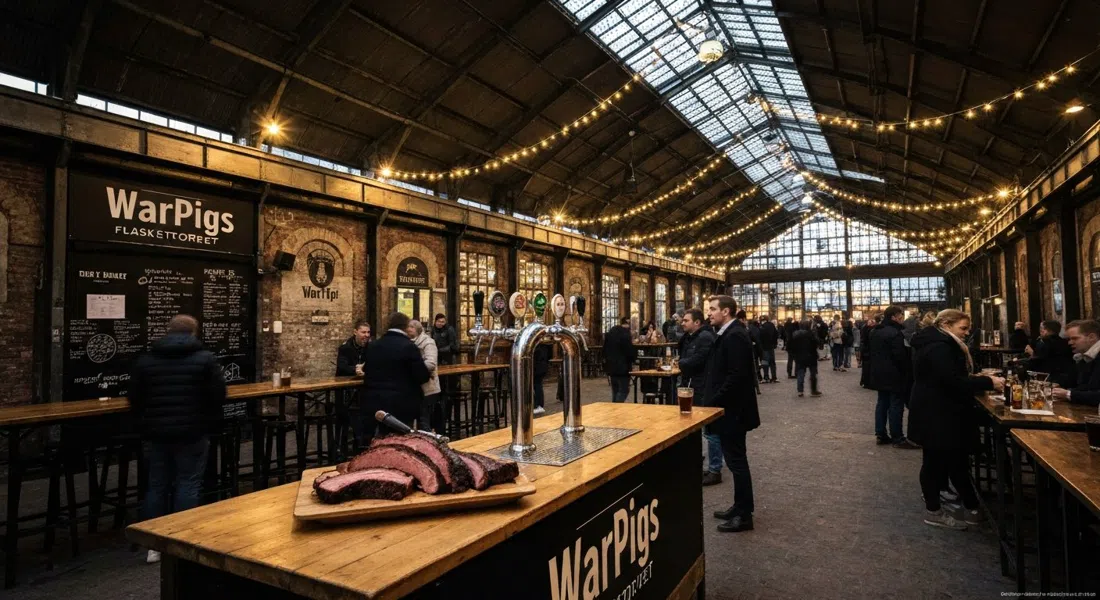 WarPigs på Flæsketorvet med røget brisket, ølhaner og den industrielle hal skinnende under feston lys om natten