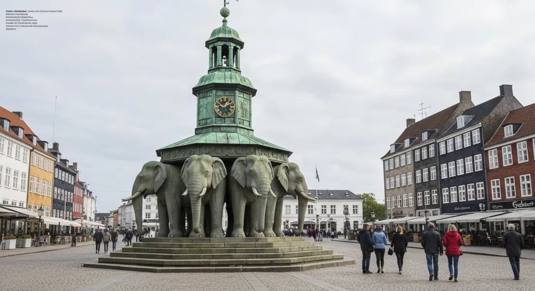 Elefantporten ved Carlsberg City District, fire stenelefanter der støtter tårnet i klart dagslys