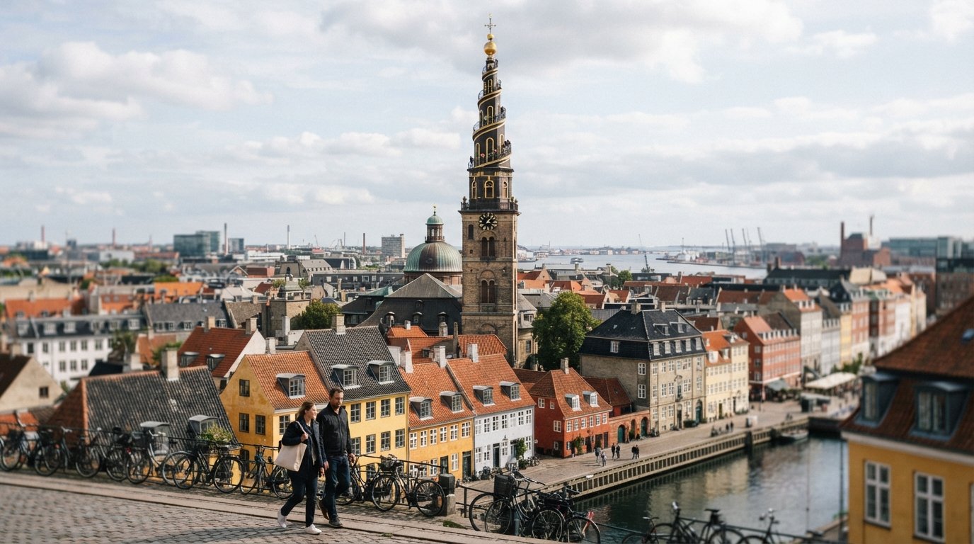 Vor Frelsers Kirke rising above Christianshavn rooftops, black-and-gold spire and external spiral staircase catching soft daylight