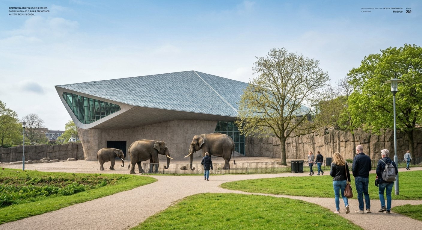 elephants at Copenhagen Zoo’s Foster-designed Elephant House viewed from the public path in Frederiksberg Gardens on a clear afternoon