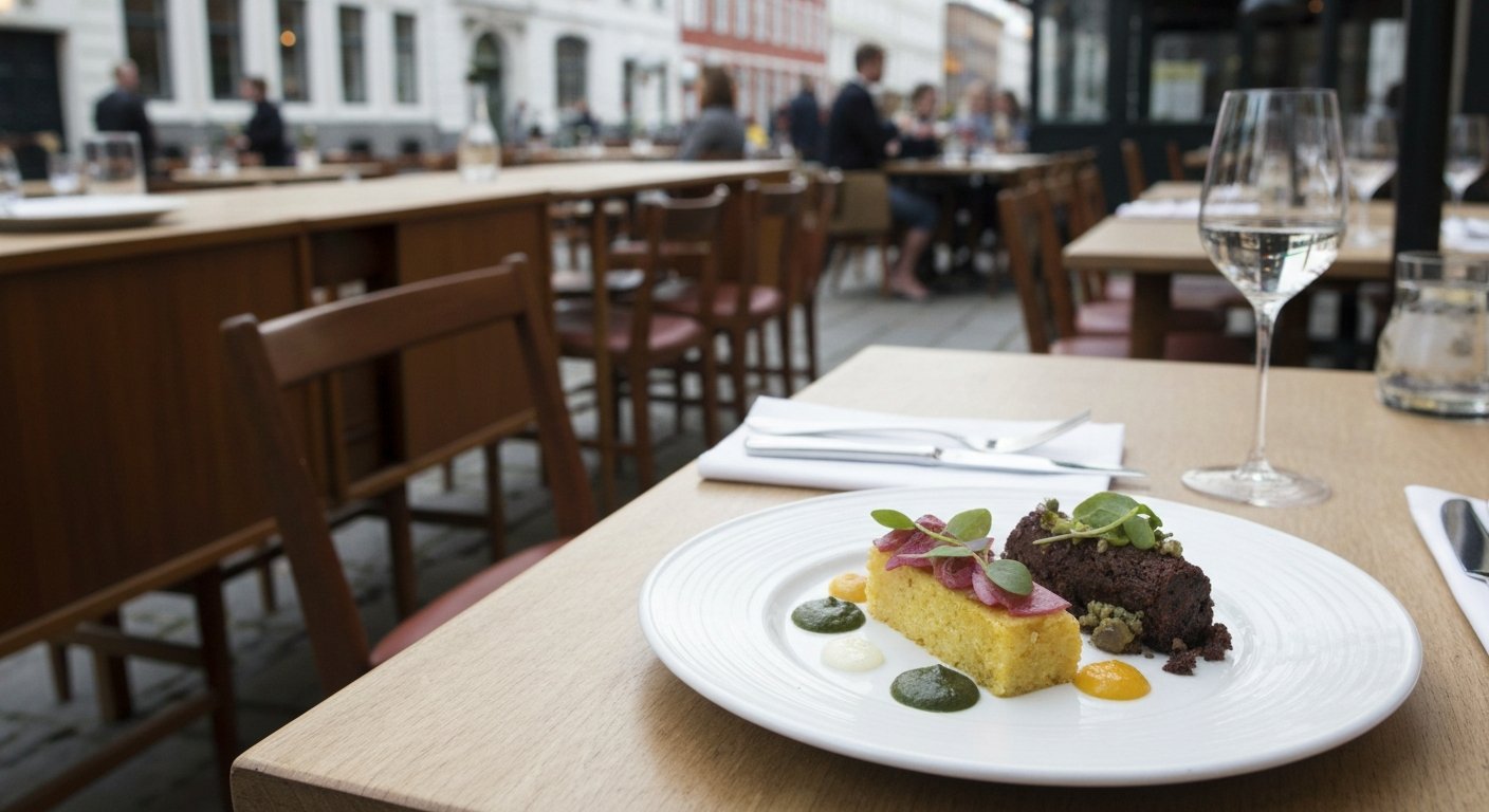 a refined seasonal tasting-course plate at Formel B, set on a table with mid-century Finn Juhl furniture in the background