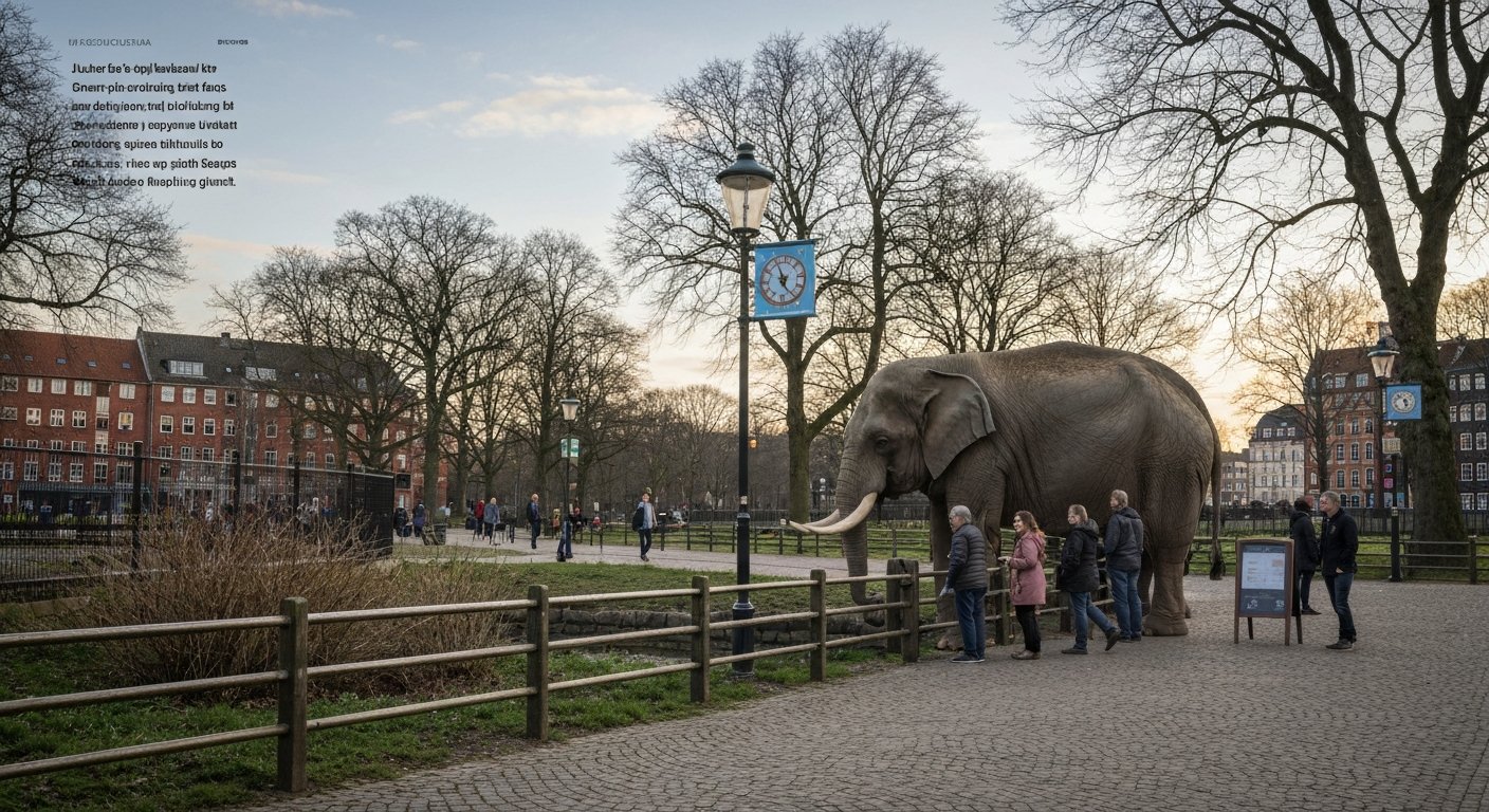 the Copenhagen Zoo Elephant House seen from the public path, with visitors pausing by the low fence in late-afternoon light