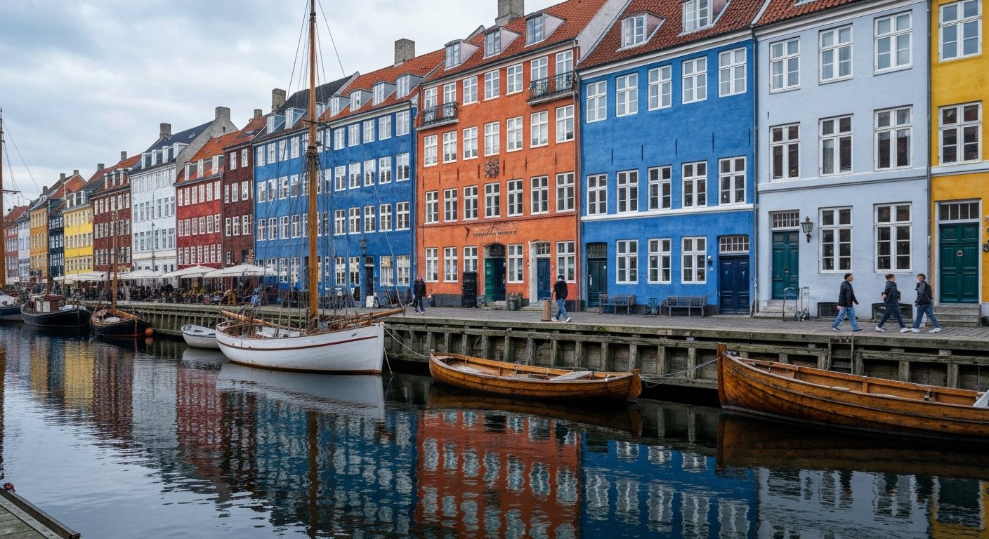 Nyhavn canal in early morning light, painted 17th-century townhouses reflected in still water, with the blue facade of number 9 and a few moored wooden boats in frame