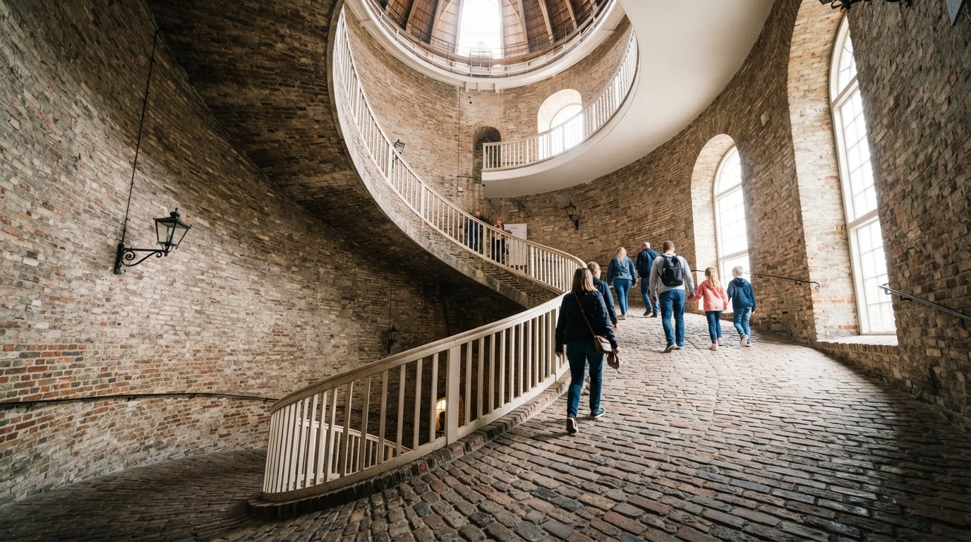 the Round Tower’s wide spiral ramp curving upward inside the brick tower, with daylight spilling in and the observatory at the top implied above