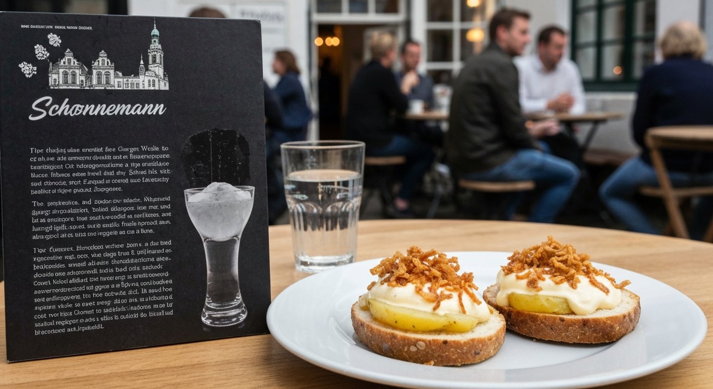 a traditional smørrebrød lunch at Schønnemann, with potato smørrebrød topped with homemade mayo and crispy onions beside a glass of schnapps in a cosy basement setting