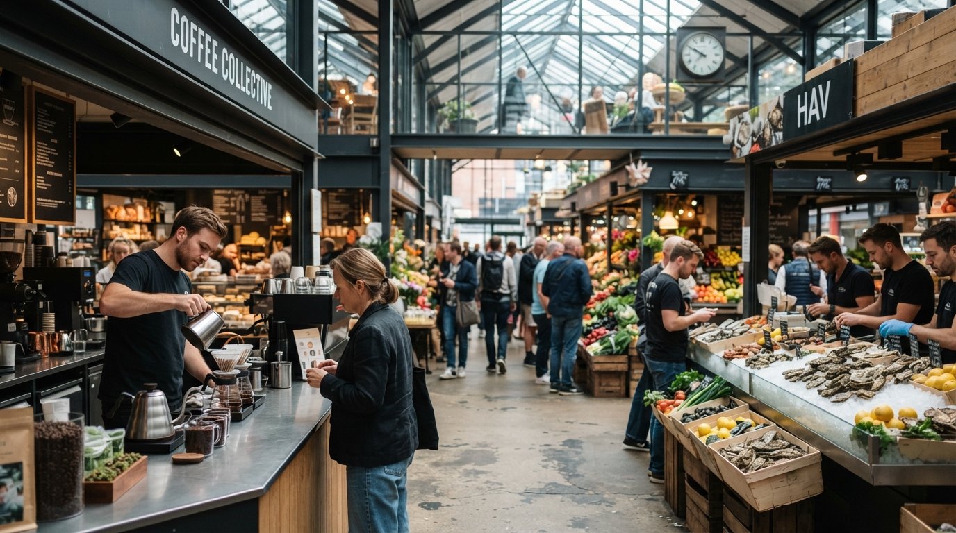 the glass-and-steel interior of Torvehallerne at mid-morning, with a Coffee Collective pour-over counter, oyster stalls and baskets of produce under bright market light
