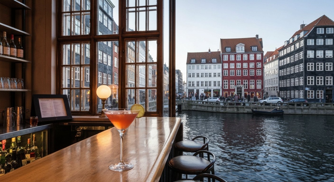 Ruby cocktail bar in an 18th-century townhouse at Nybrogade 10, warm evening light through the windows and a classic cocktail on the bar facing the canal